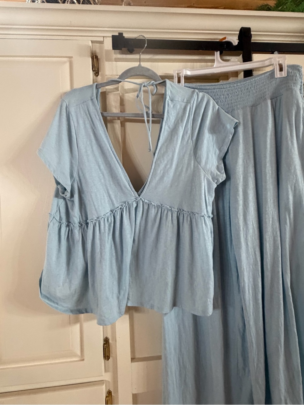 American Eagle Outfitters Light Blue V-Neck Peplum Top with Tie Back